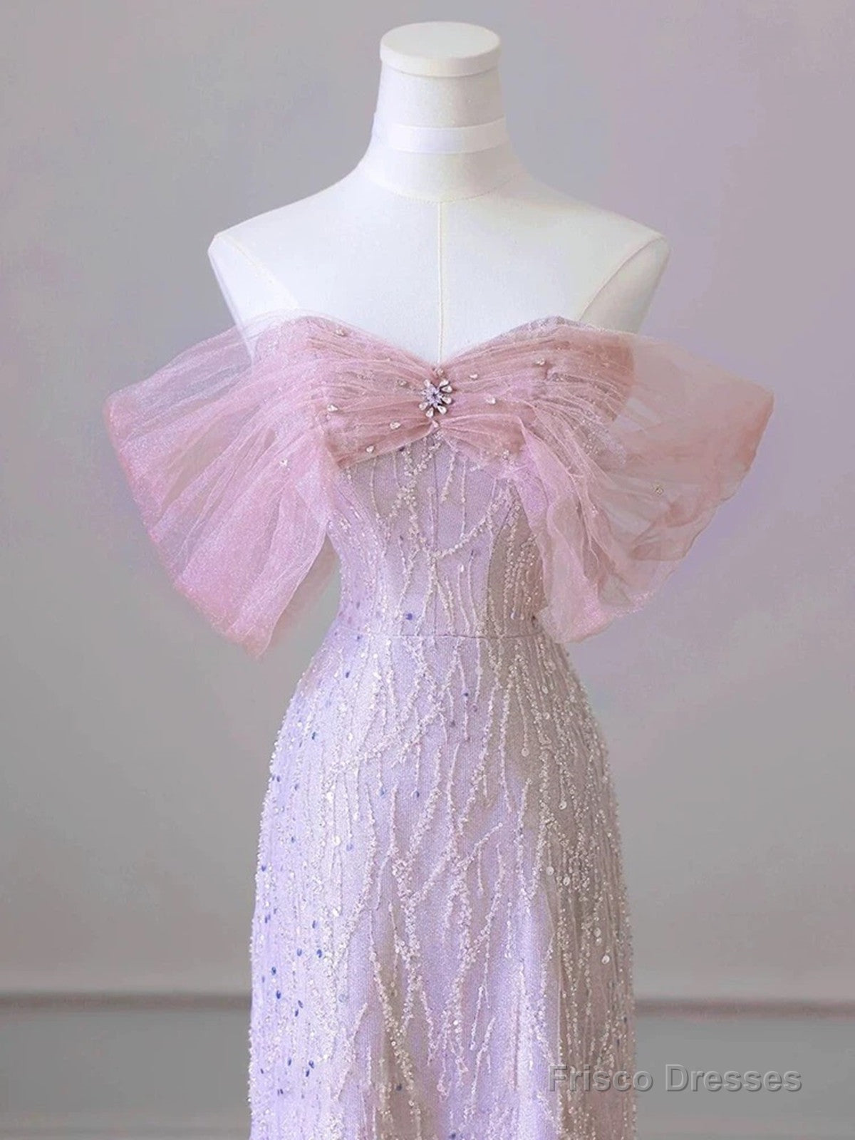 Pink Tulle And Sequins Off Shoulder Long Party Dress, Pink Beaded Chich Prom Dress