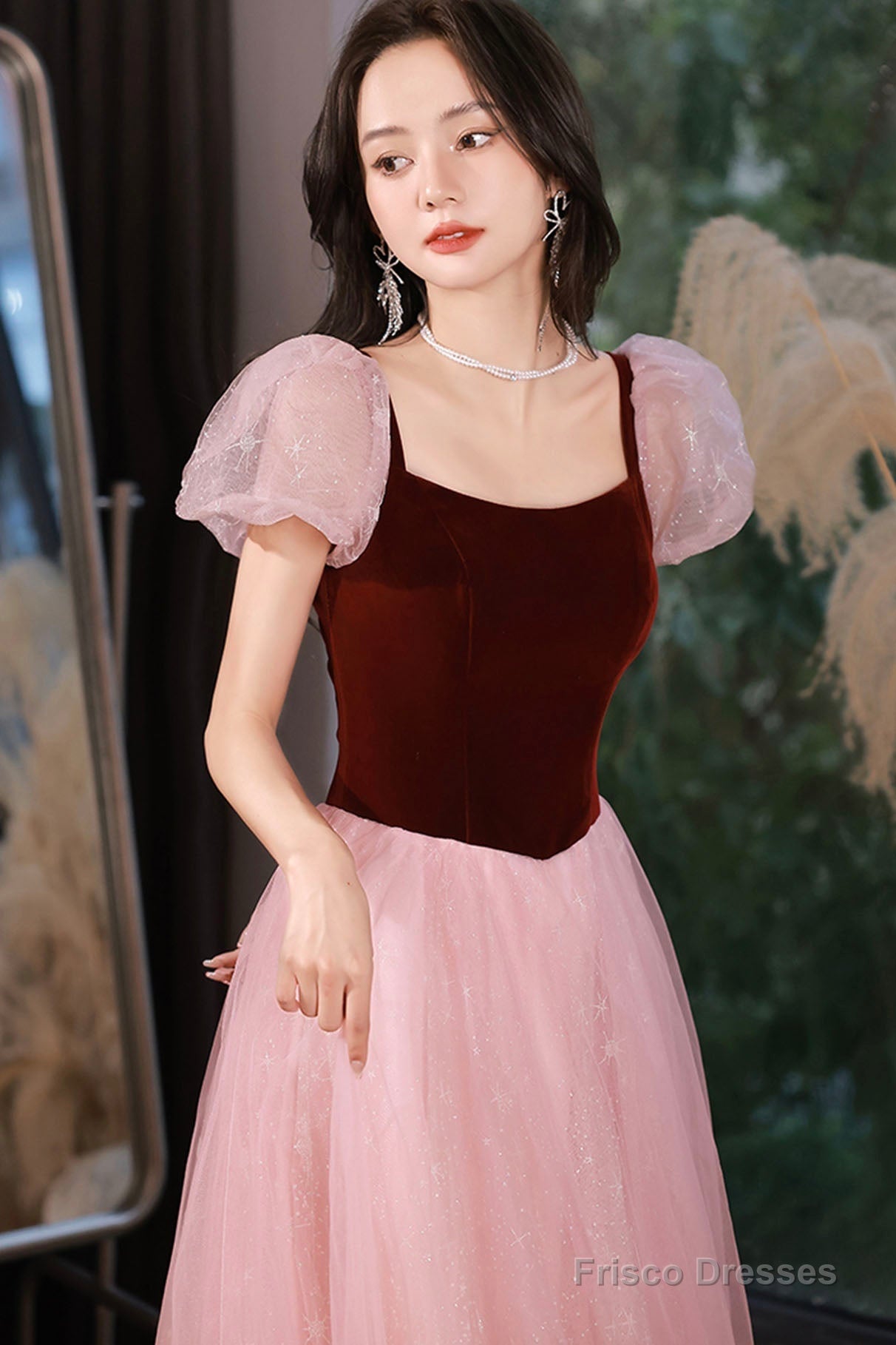 Pink Tulle And Velvet Short Sleeves Party Dress, Pink Floor Length Formal Dress Secondary image