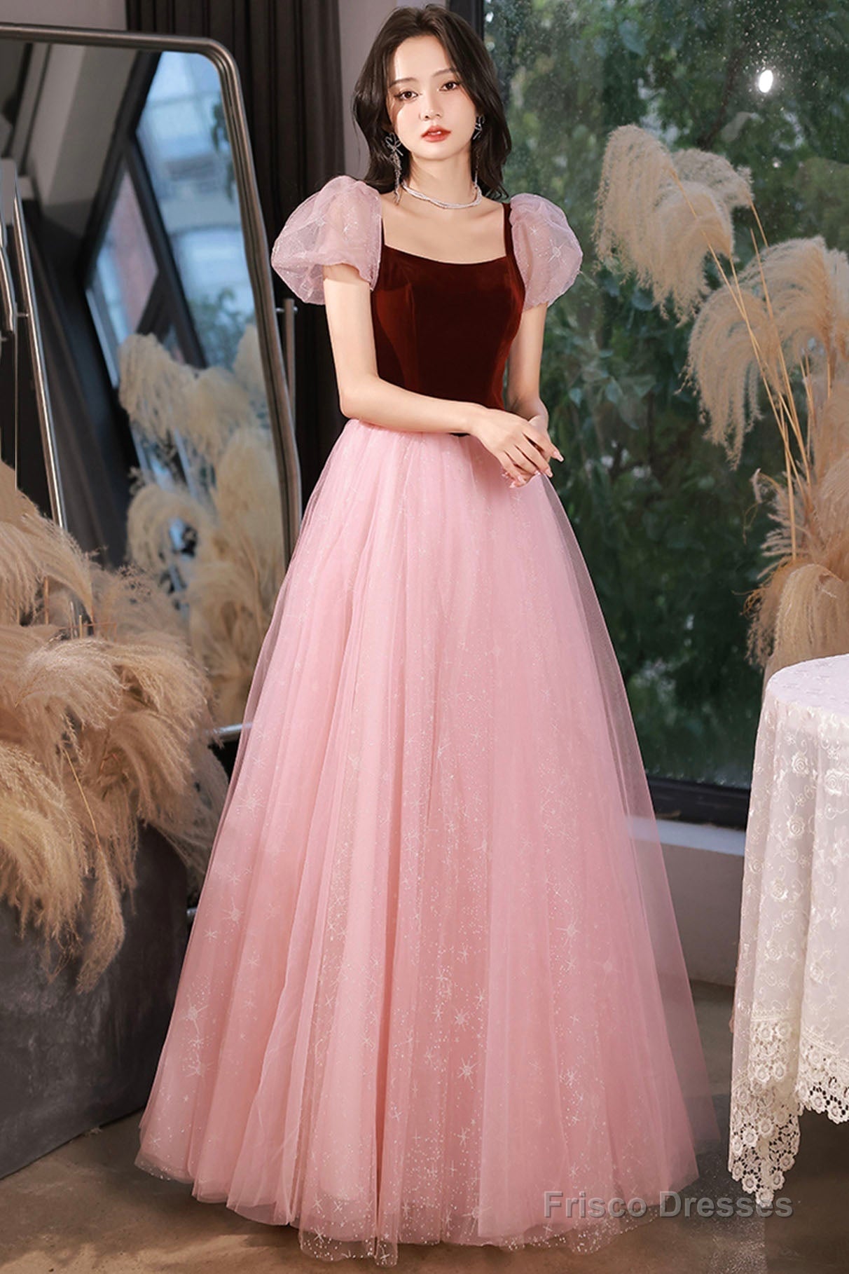 Pink Tulle And Velvet Short Sleeves Party Dress, Pink Floor Length Formal Dress Main image