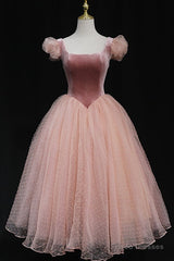 Pink Tulle And Velvet Short Sleeves Party Dress, Pink Tea Length Formal Dress