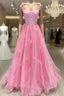 Pink Tulle Applique Long Formal Prom Dress Pink Formal Dress