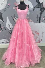 Pink Tulle Applique Long Prom Dress Pink Formal Dress