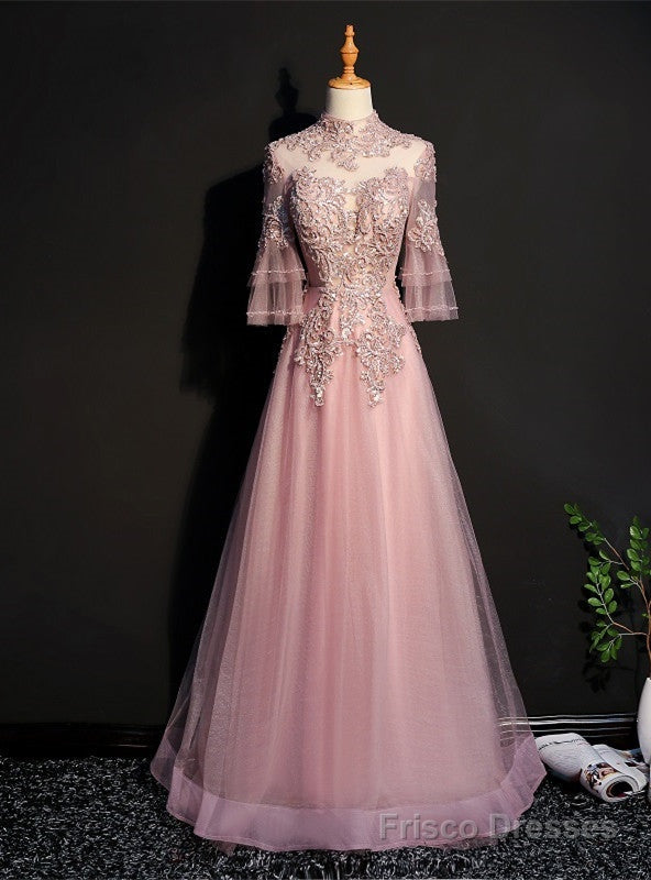 Pink Tulle Appliques Beading Short Sleeve Prom Dress Main image