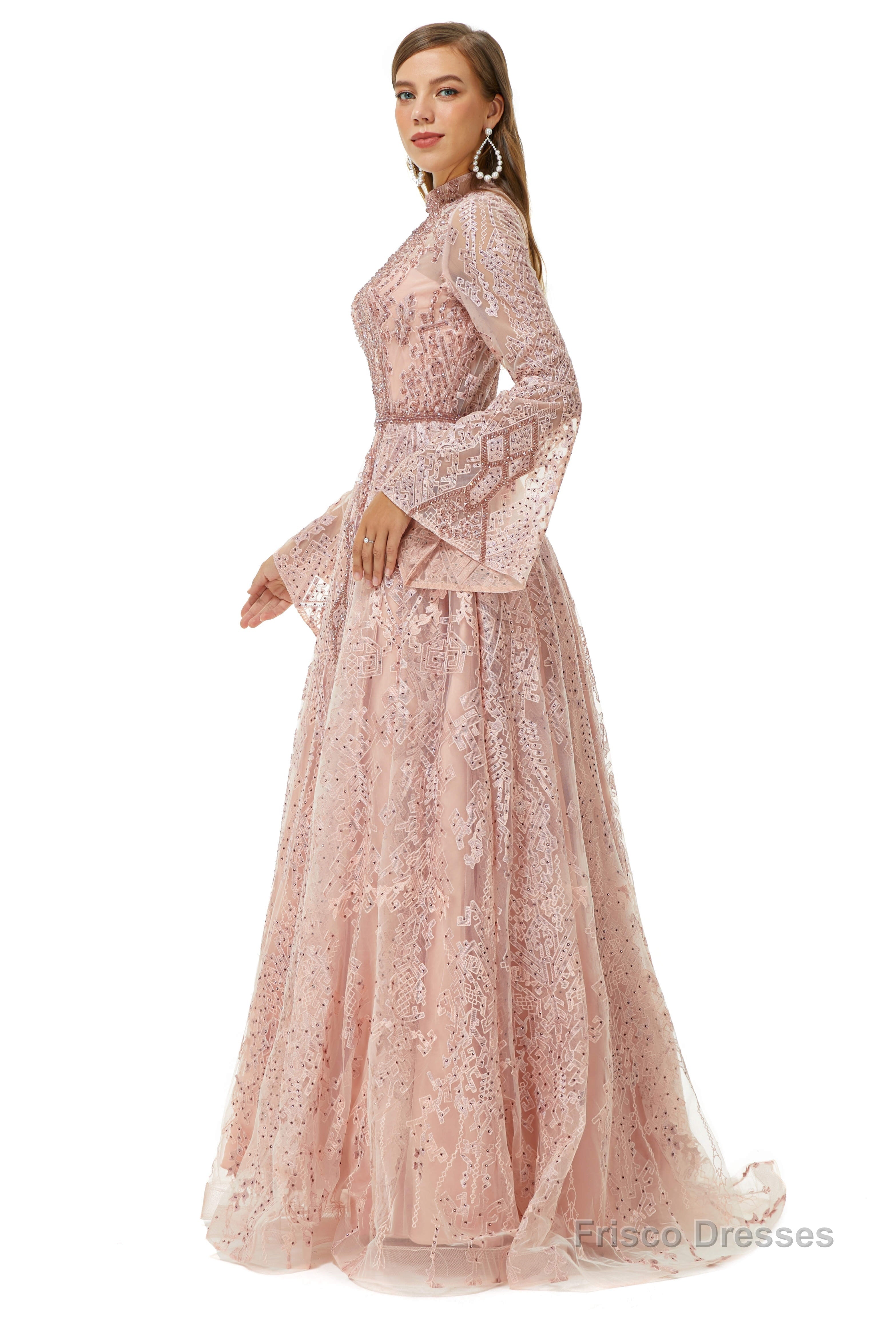 Pink Tulle Appliques High Neck Long Sleeve Beading Prom Dresses
