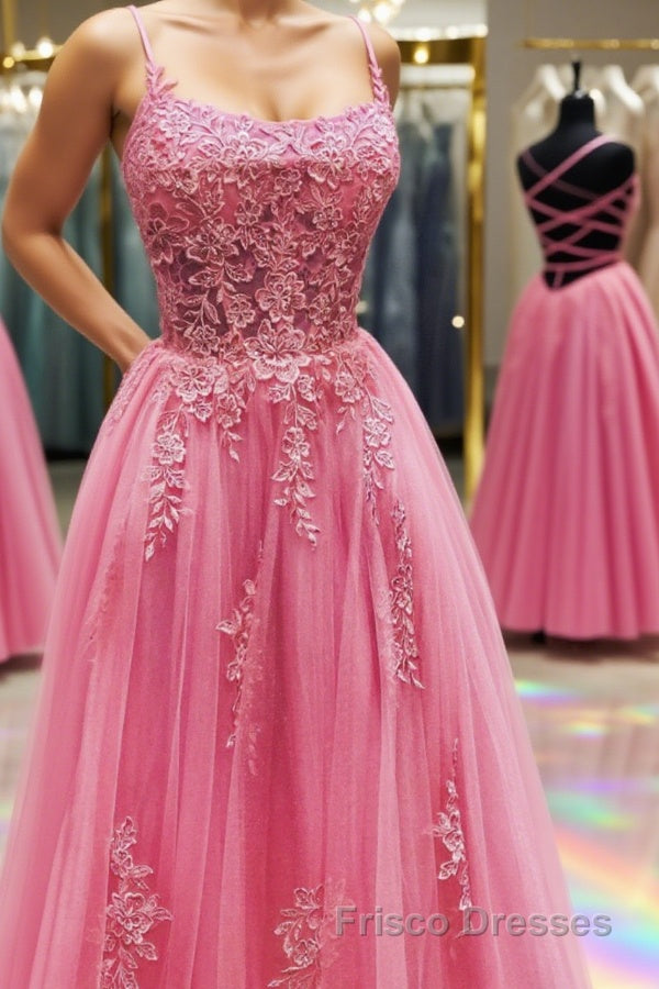 Pink Tulle Backless Lace Floral Long Formal Prom Dresses, Pink Lace Formal Dresses, Pink Evening Dresses Main image