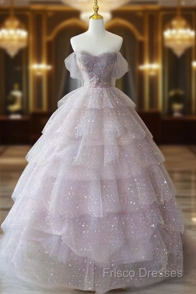 Pink Tulle Ball Gown Layers Long Party Dress, Pink Shiny Tulle Sweet 16 Dress Main image