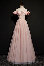 Pink Tulle Beaded Long A-Line Prom Dress, Pink Off the Shoulder Evening Dress