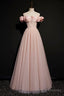 Pink Tulle Beaded Long A-Line Prom Dress, Pink Off the Shoulder Evening Dress