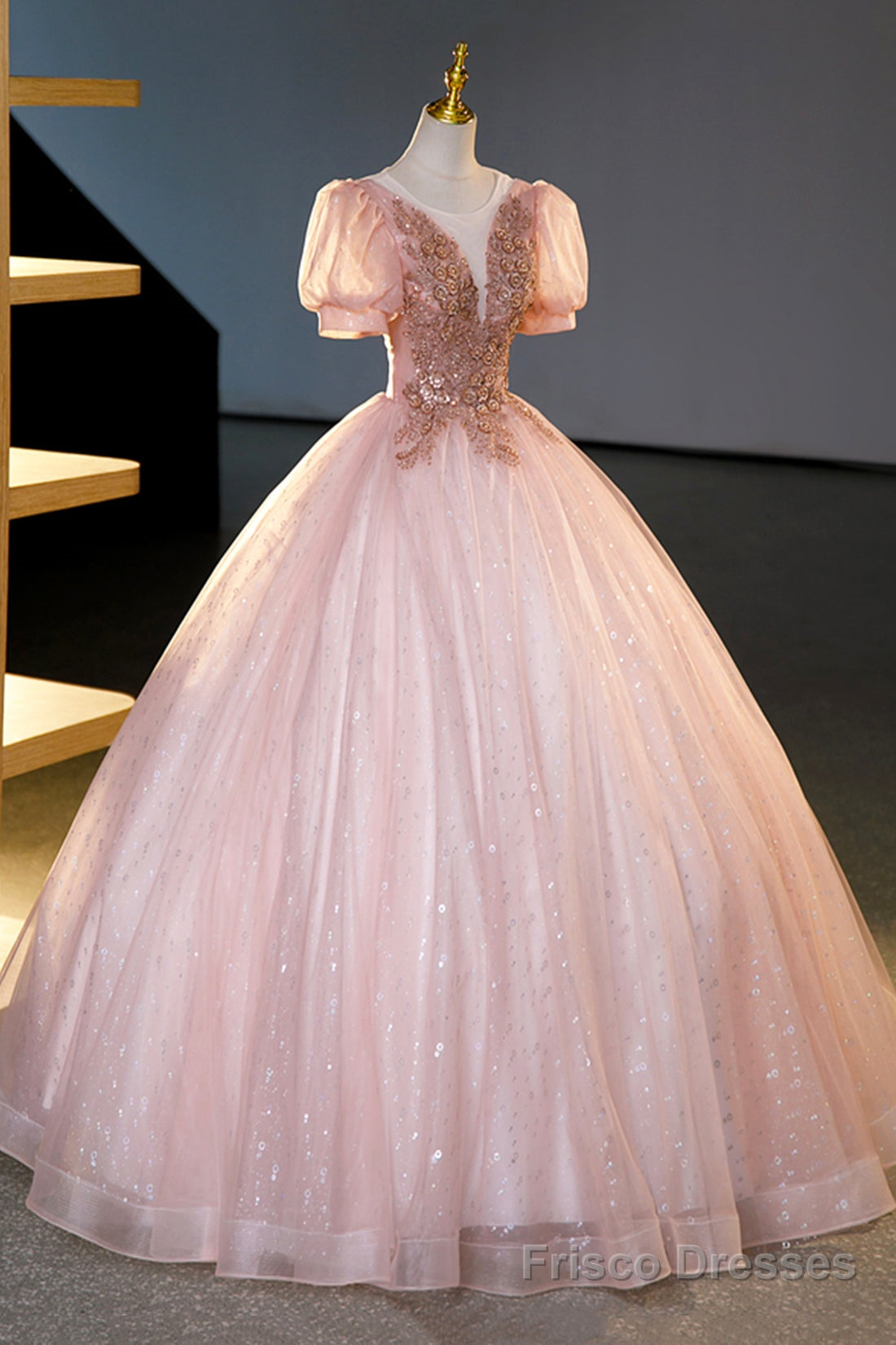 Pink Tulle Beaded Long Ball Gown, A-Line Prom Dress, Pink Sweet 16 Dress Secondary image