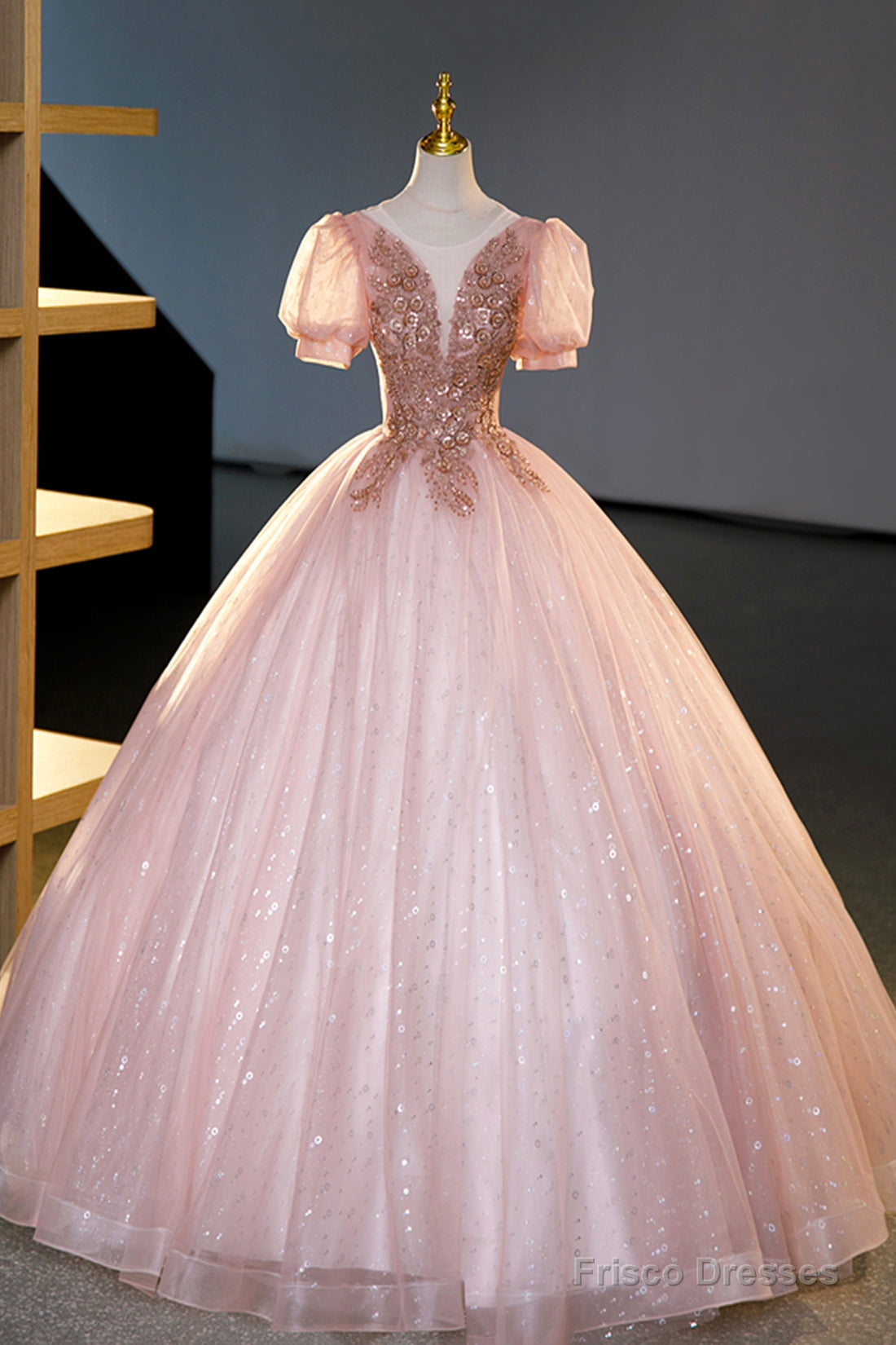 Pink Tulle Beaded Long Ball Gown, Beautiful A-Line Prom Dress, Pink Sweet 16 Dress Main image