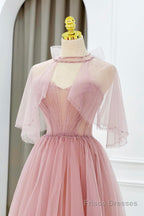 Pink Tulle Beaded Long Prom Dress, Lovely Pink Evening Dress