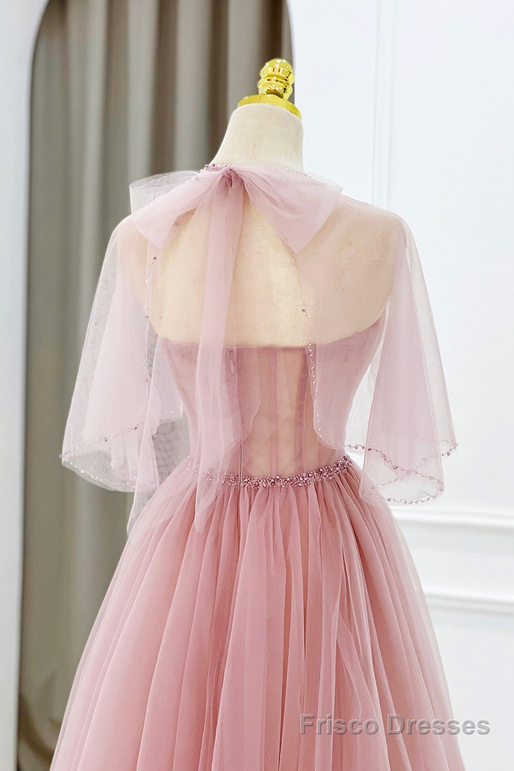 Pink Tulle Beaded Long Prom Dress, Lovely Pink Evening Dress Secondary image