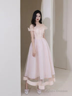 Pink Tulle Beaded Short Prom Dress, Pink Off Shoulder Evening Party Dress
