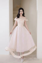 Pink Tulle Beaded Short Prom Dress, Pink Off Shoulder Evening Party Dress