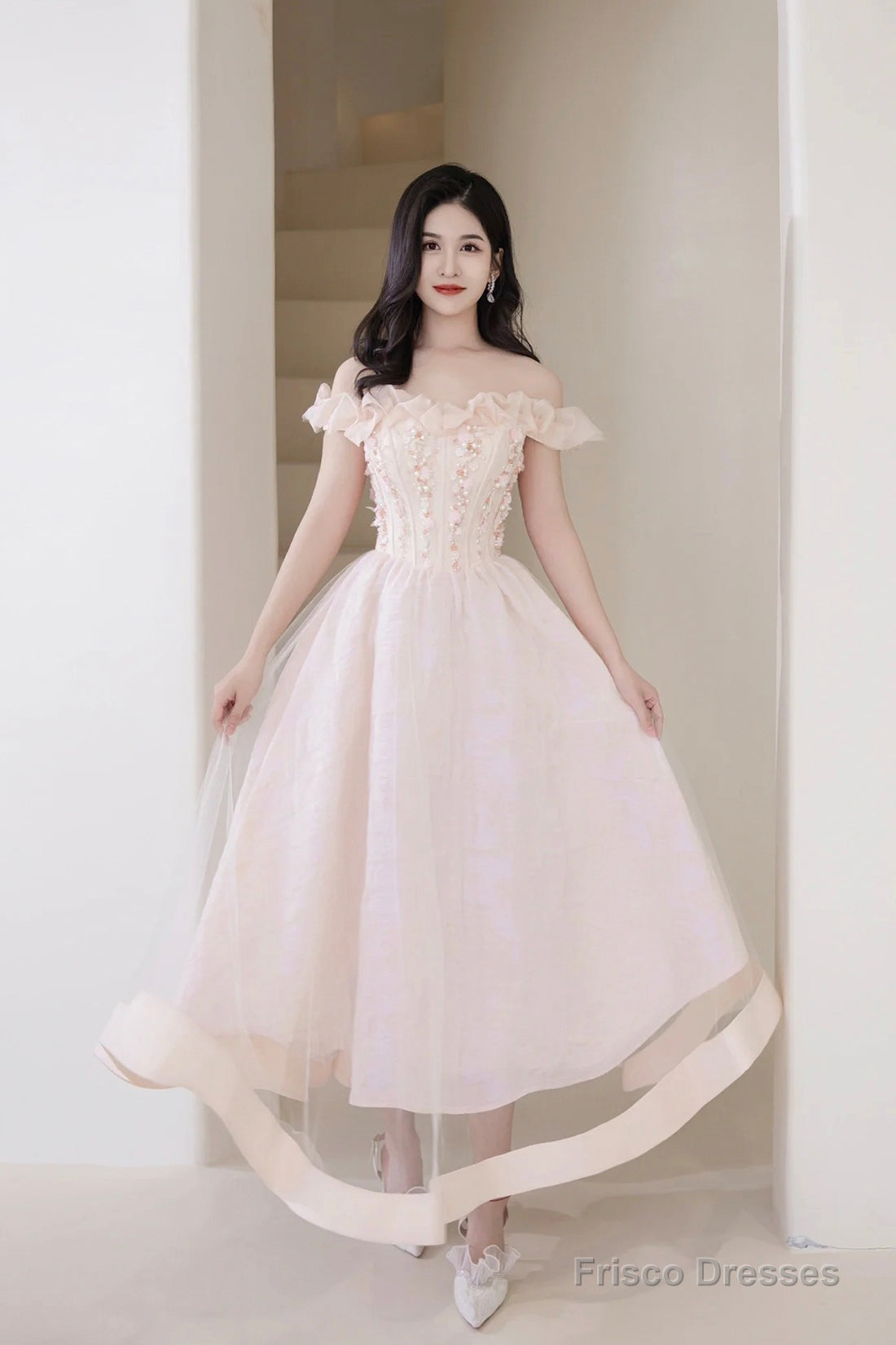 Pink Tulle Beaded Short Prom Dress, Pink Off Shoulder Evening Party Dress