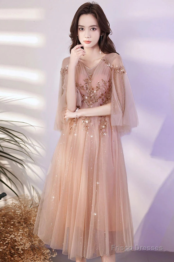 Pink Tulle Beaded Tea Length Wedding Party Dress, Pink Tulle Short Homecoming Dress Secondary image