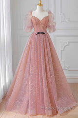 Pink Tulle Beautiful Puffy Sleeves Long Formal Prom Dress, Pink A-Line Evening Dress