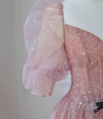 Pink Tulle Beautiful Puffy Sleeves Long Formal Prom Dress, Pink A-Line Evening Dress