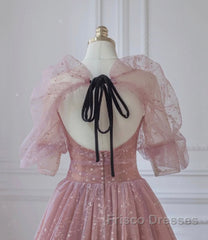 Pink Tulle Beautiful Puffy Sleeves Long Formal Prom Dress, Pink A-Line Evening Dress