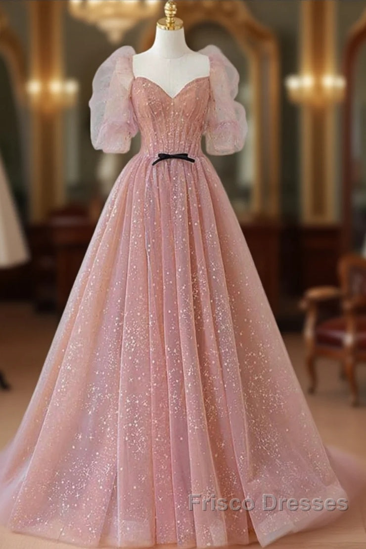 Pink Tulle Beautiful Puffy Sleeves Long Formal Prom Dress, Pink A-Line Evening Dress Main image