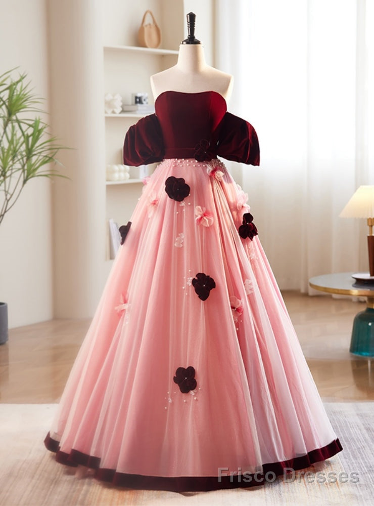 Pink Tulle Burgundy Velvet Sweetheart Prom Dress Main image