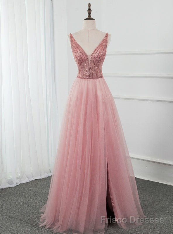 Pink Tulle Deep V-neck Backless Beading Sequins Prom Dress Main image