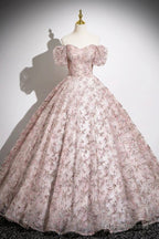 Pink Tulle Floor Length Prom Dress, Beautiful Off The Shoulder Party Dress