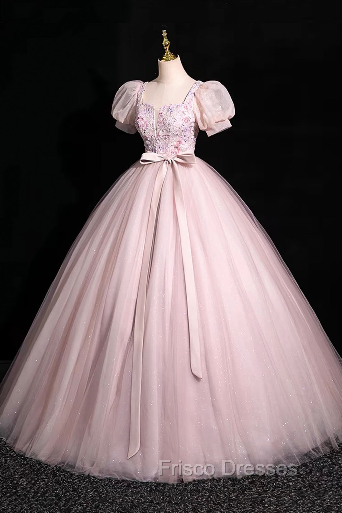 Pink Tulle Floral Floor Length Formal Prom Dress, A-Line Short Sleeve Evening Dress Secondary image