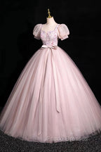 Pink Tulle Floral Floor Length Formal Prom Dress, A-Line Short Sleeve Evening Dress