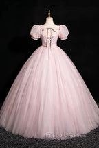 Pink Tulle Floral Floor Length Formal Prom Dress, A-Line Short Sleeve Evening Dress