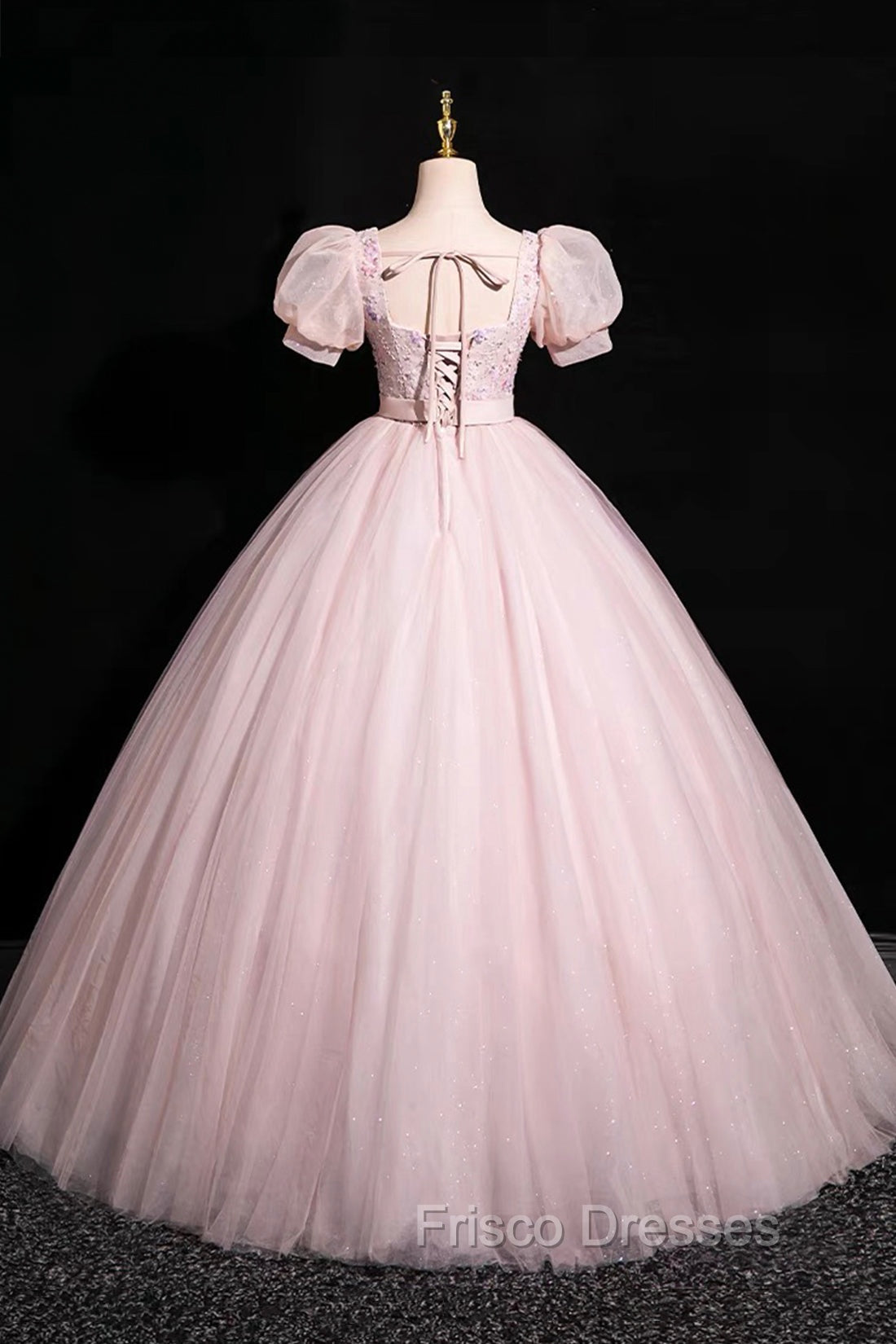 Pink Tulle Floral Floor Length Formal Prom Dress, A-Line Short Sleeve Evening Dress