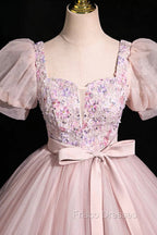 Pink Tulle Floral Floor Length Formal Prom Dress, A-Line Short Sleeve Evening Dress