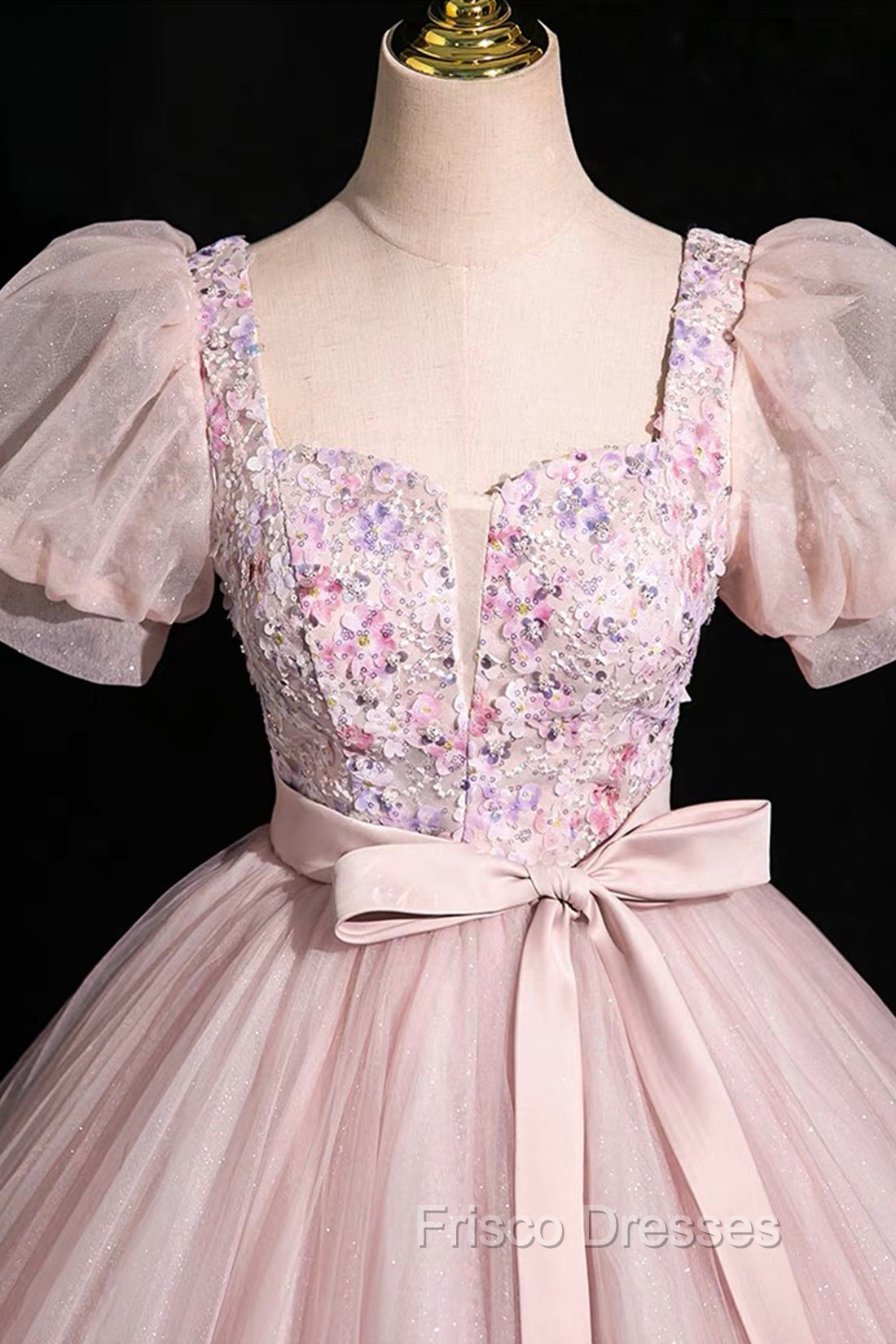 Pink Tulle Floral Floor Length Formal Prom Dress, A-Line Short Sleeve Evening Dress