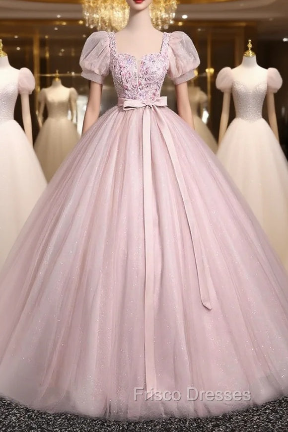 Pink Tulle Floral Floor Length Formal Prom Dress, A-Line Short Sleeve Evening Dress Main image
