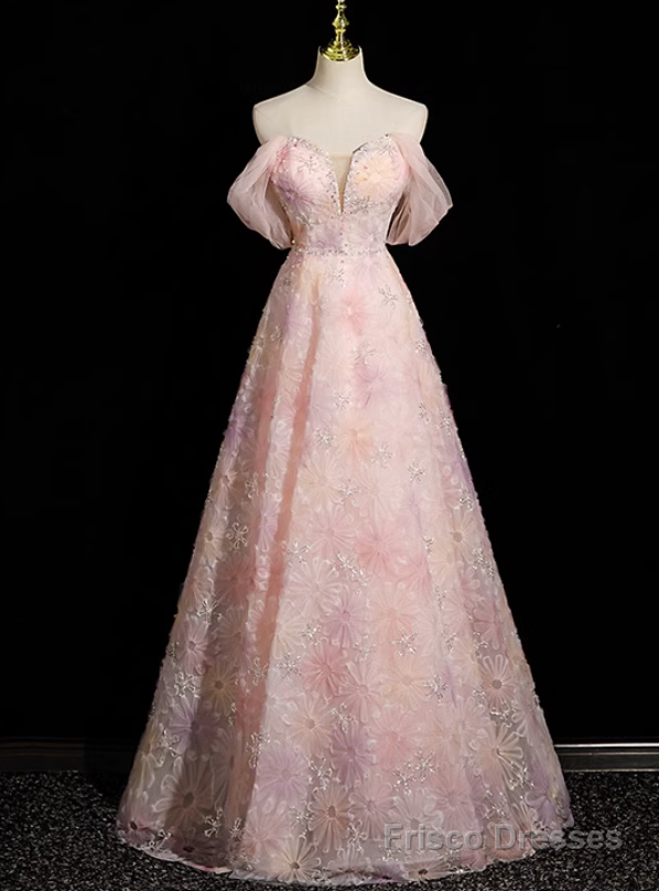 Pink Tulle Flower Beading Prom Dress Main image