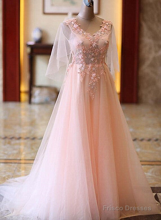 Pink Tulle Flower Lace V-Neckline Floor Length Party Dresses, Lovely Pink Prom Dress Main image