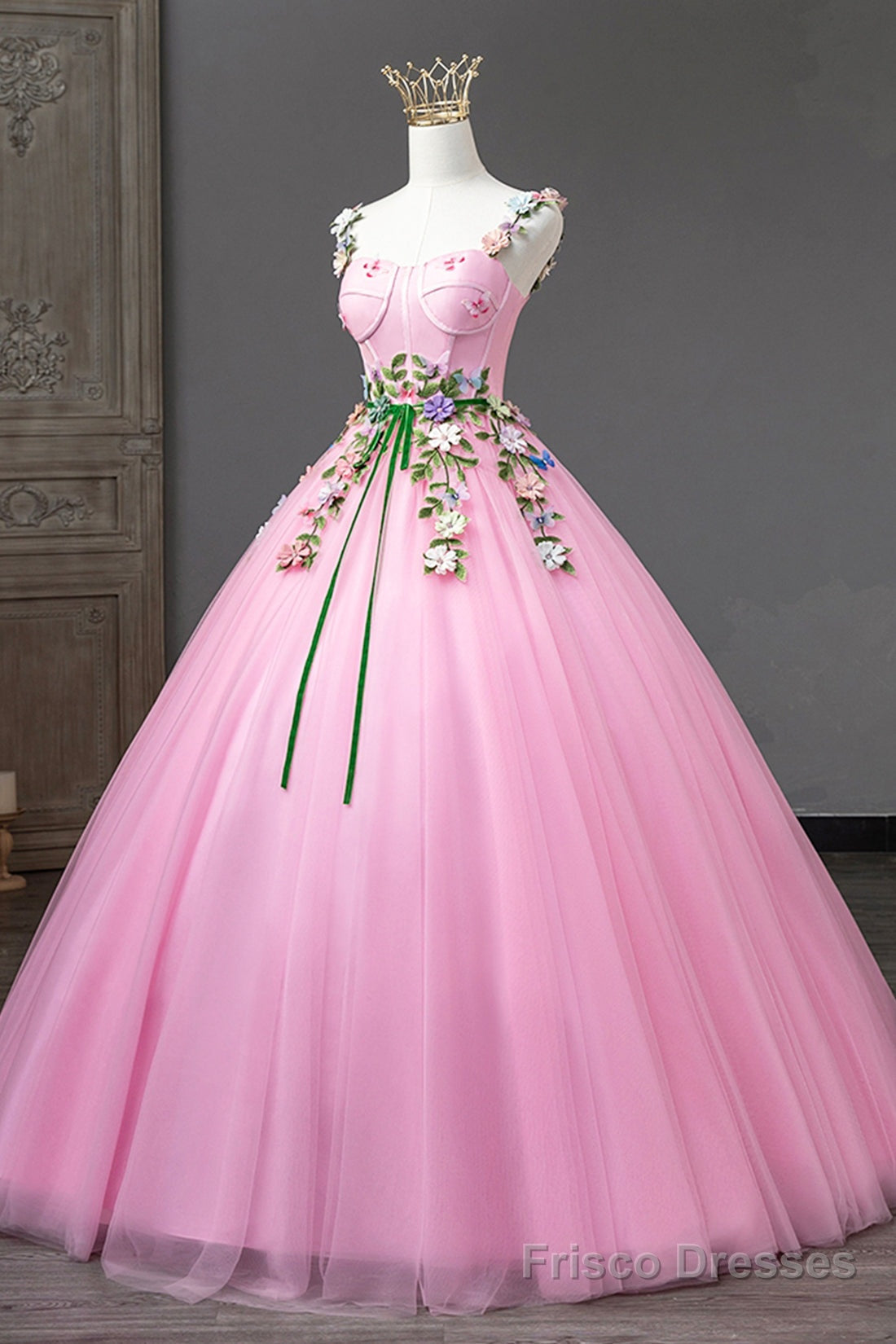 Pink Tulle Flower Long Prom Dresses, Cute Spaghetti Sweet 16 Dresses Main image