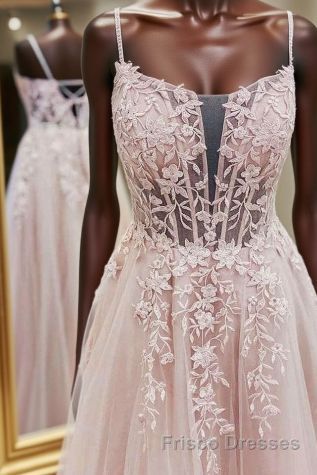 Pink tulle lace A line long Formal Prom Dresses, pink lace evening Dresses