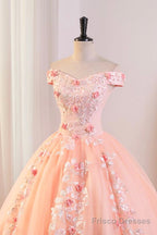 Pink Tulle Lace and Flowers Ball Gown Formal Dresses, Pink Long Sweet 16 Dresses