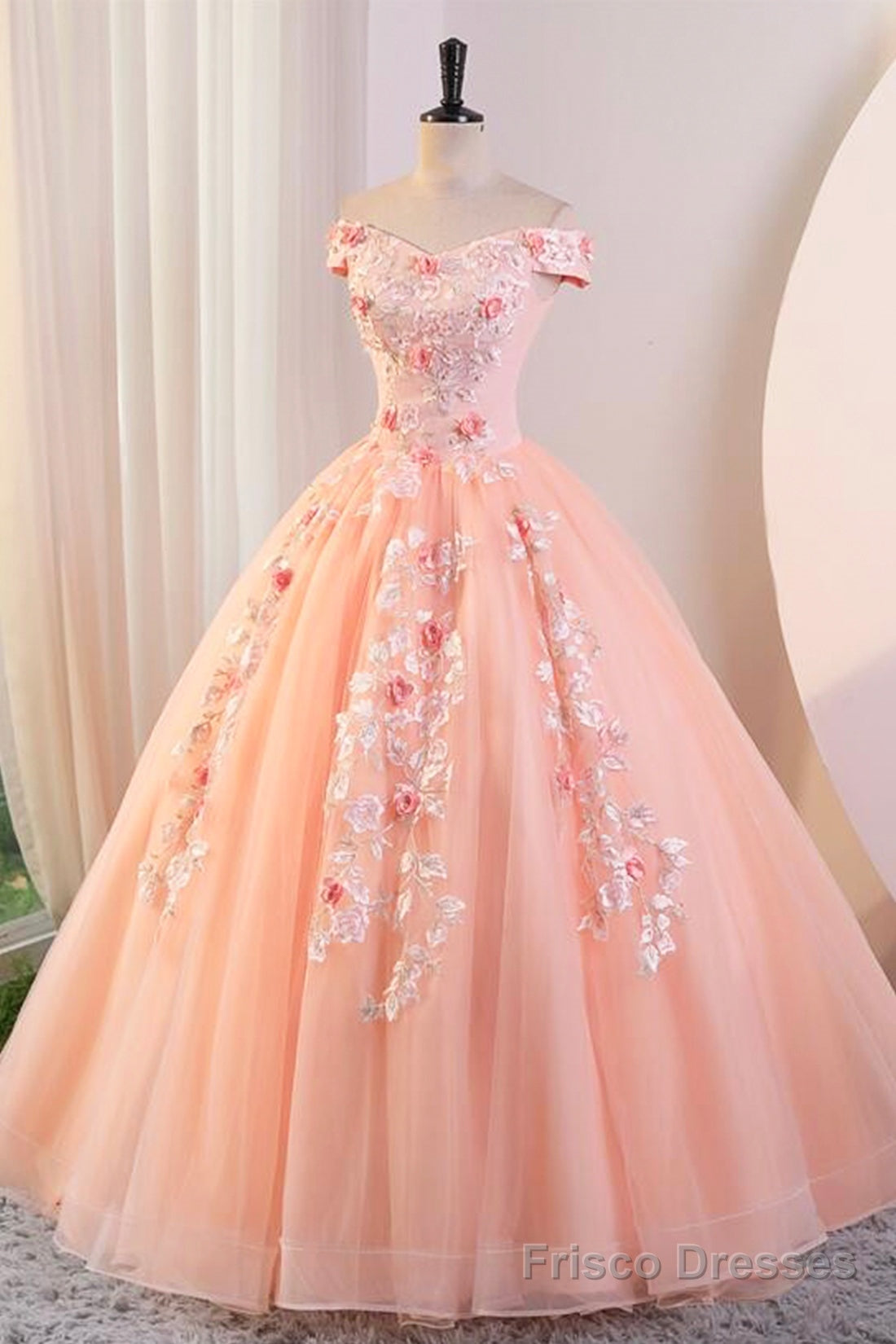 Pink Tulle Lace and Flowers Ball Gown Formal Dresses, Pink Long Sweet 16 Dresses Main image