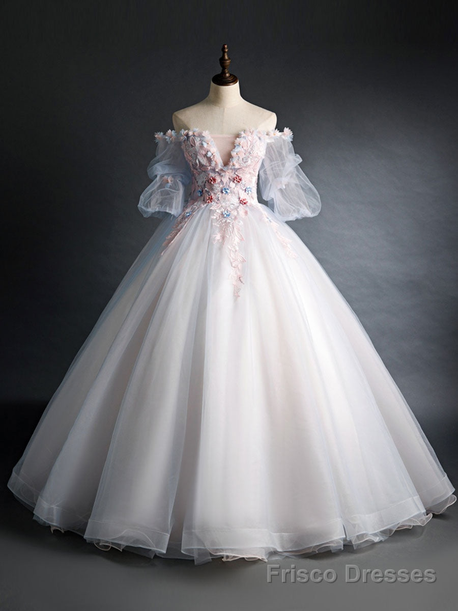 Pink Tulle Lace Applique Long Prom Dress, Tulle Lace Sweet 16 Dress Main image