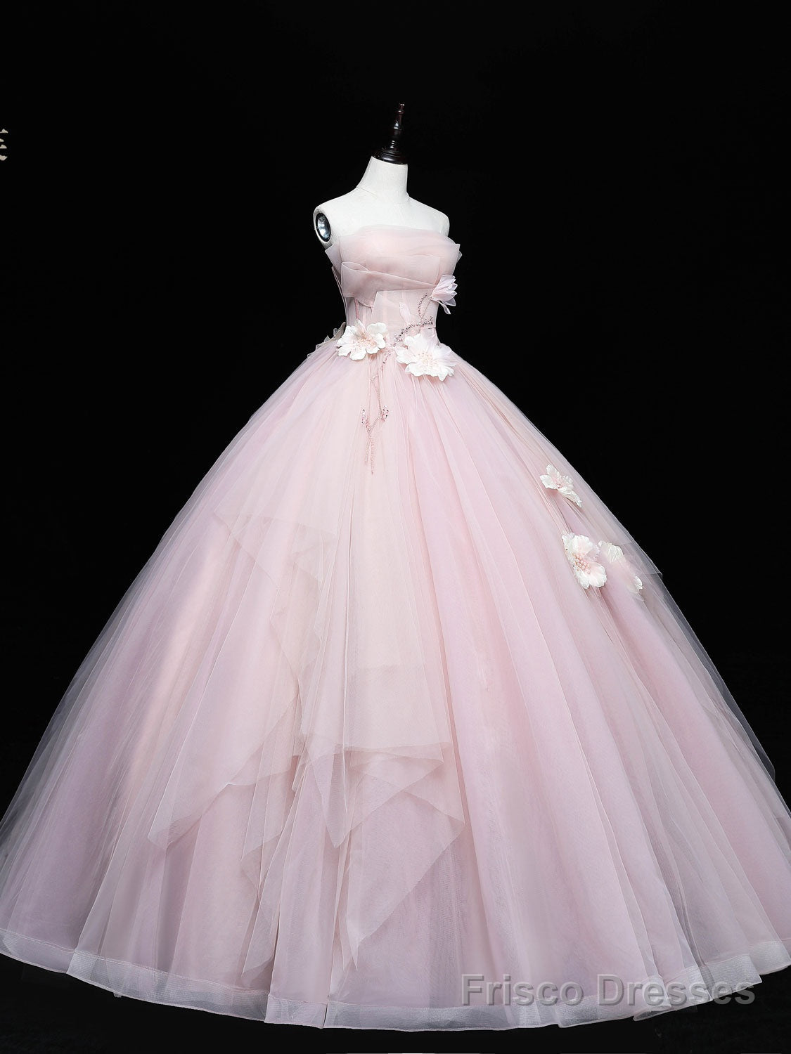 Pink Tulle Lace Applique Long Prom Dresses, Pink Sweet 16 Dresses Main image