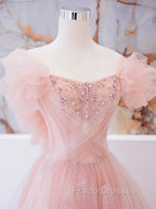 Pink Tulle Lace Beads Long Formal Prom Dress, Pink A Line Evening Dress