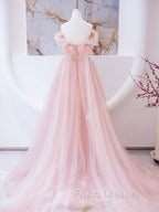 Pink Tulle Lace Beads Long Formal Prom Dress, Pink A Line Evening Dress
