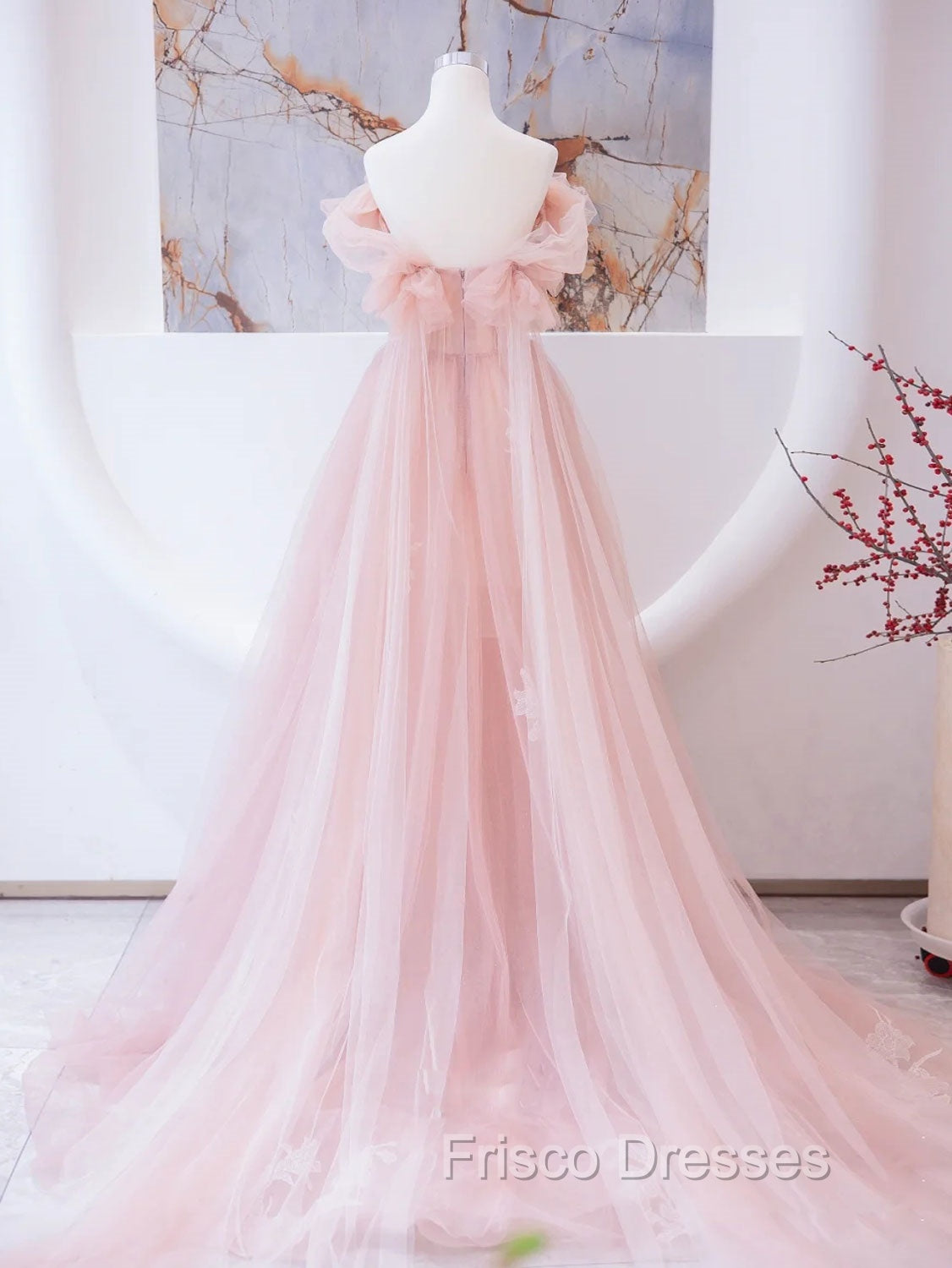 Pink Tulle Lace Beads Long Formal Prom Dress, Pink A Line Evening Dress