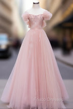 Pink Tulle Lace Beads Long Formal Prom Dress, Pink A Line Evening Dress
