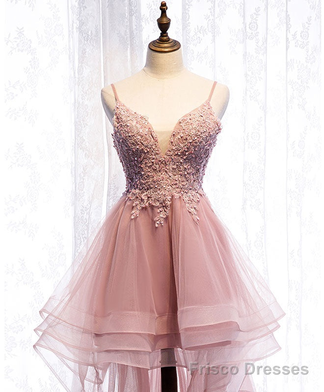 Pink Tulle Lace High Low Prom Dress, Pink Homecoming Dress Main image