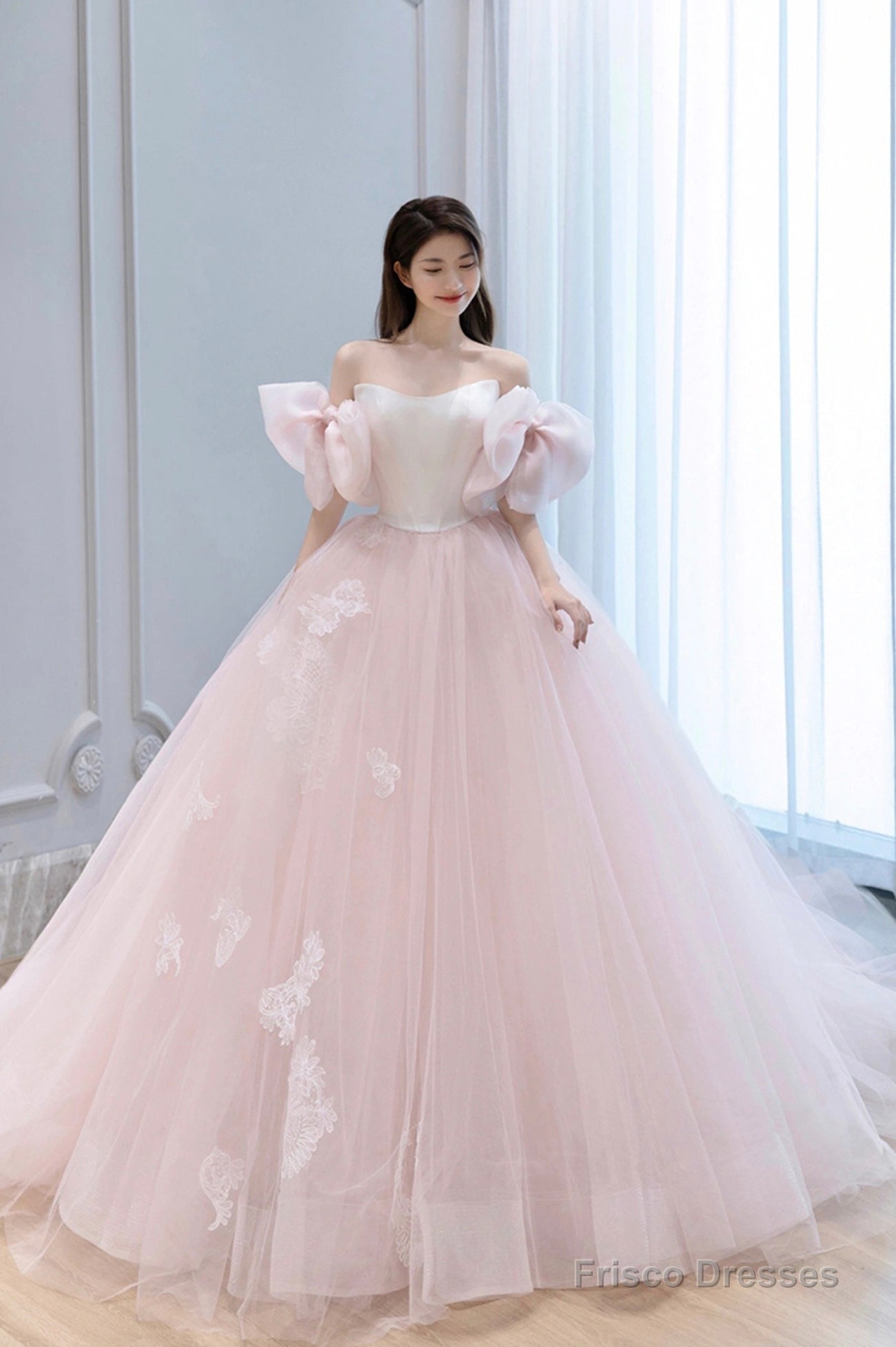 Pink Tulle Lace Long A-Line Princess Dress, Cute Puff Sleeve Sweet 16 Dress