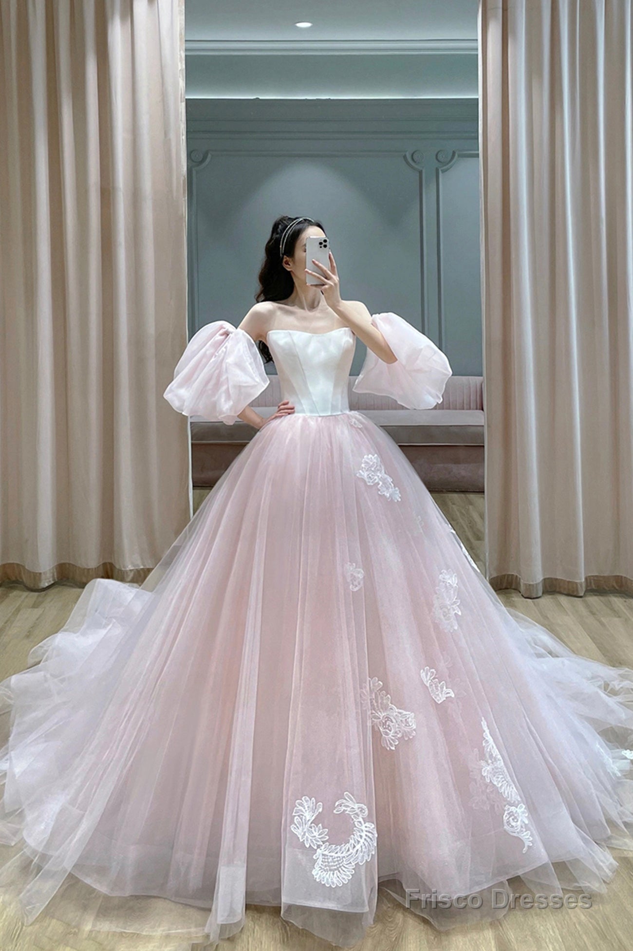 Pink Tulle Lace Long A-Line Princess Dress, Cute Puff Sleeve Sweet 16 Dress Main image