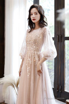 Pink Tulle Lace Long A-Line Prom Dresses, Long Sleeve Evening Dresses